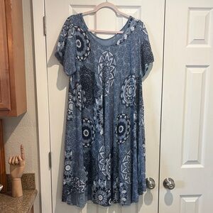 100% Cotton Loose Weave Midi Shift in Blue Mandala Design - XL